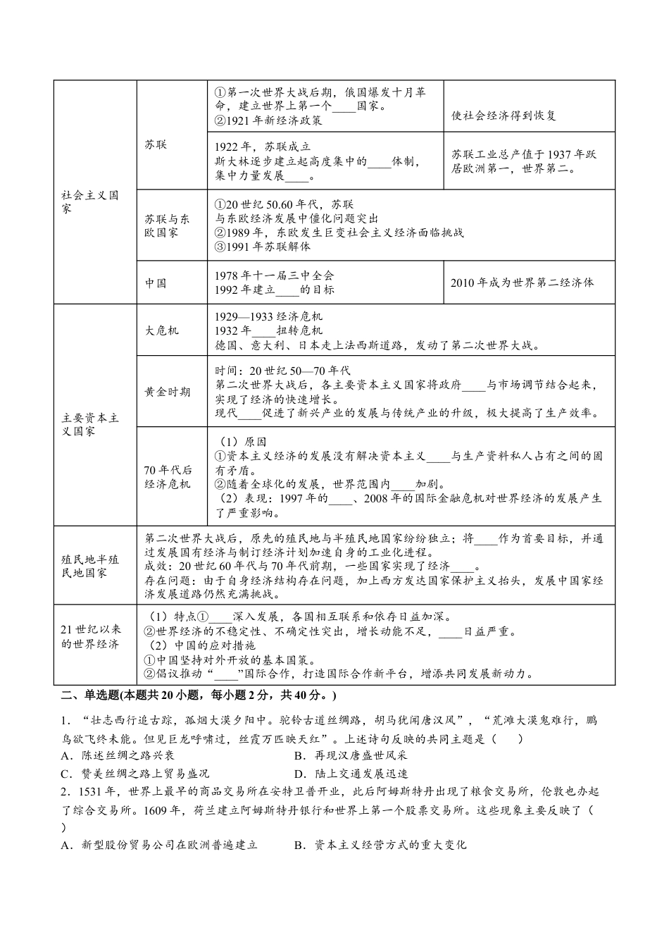 高中历史选修3 第三单元 商业贸易与日常生活（A卷•基础过关卷）（原卷版）-【单元测试】2022-2023学年高二历史分层训练AB卷（选择性必修2）.docx