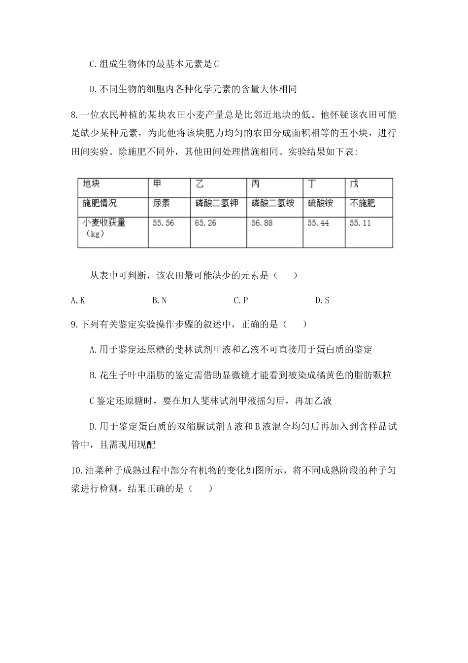 高中生物必修1 2.1 细胞中的元素和化合物 练习 【新教材】人教版（2019）高中生物必修一.docx