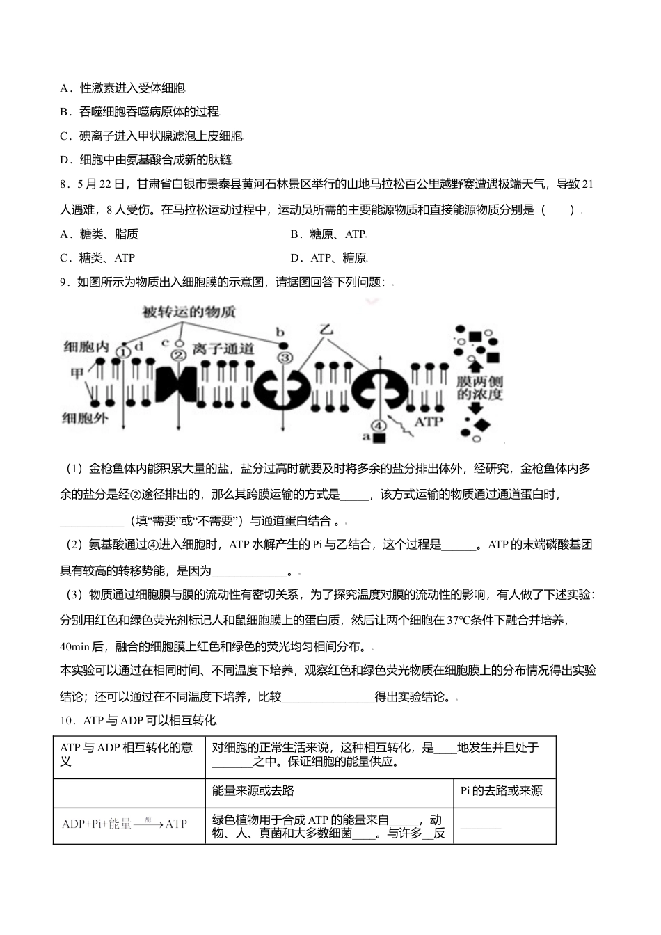 高中生物必修1 5.2  细胞的能量“货币”——ATP-高一生物课后培优练（人教版2019必修1）（原卷版）.doc