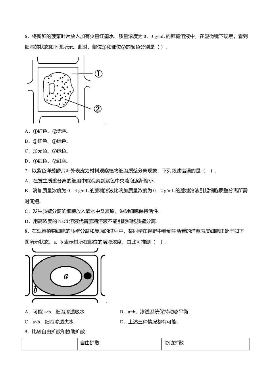 高中生物必修1 4.1  被动运输-高一生物课后培优练（人教版2019必修1）（原卷版）.doc