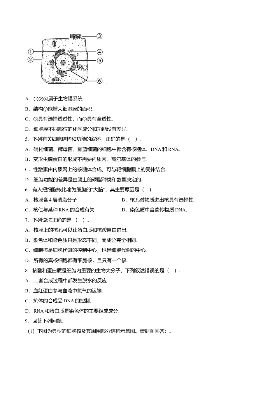 高中生物必修1 3.3  细胞核的结构和功能-高一生物课后培优练（人教版2019必修1）（原卷版）.doc