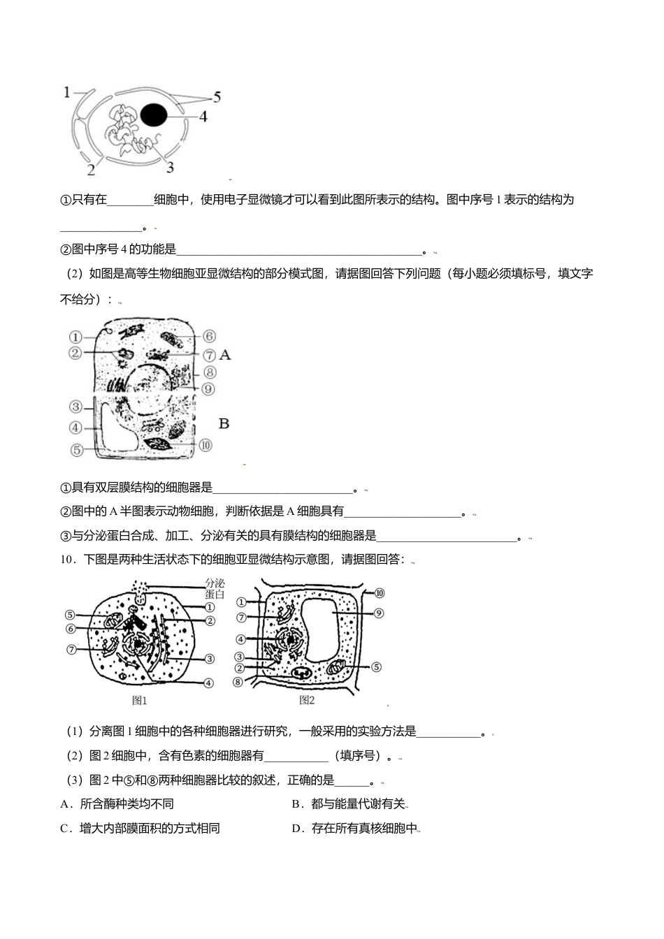 高中生物必修1 3.3  细胞核的结构和功能-高一生物课后培优练（人教版2019必修1）（原卷版）.doc