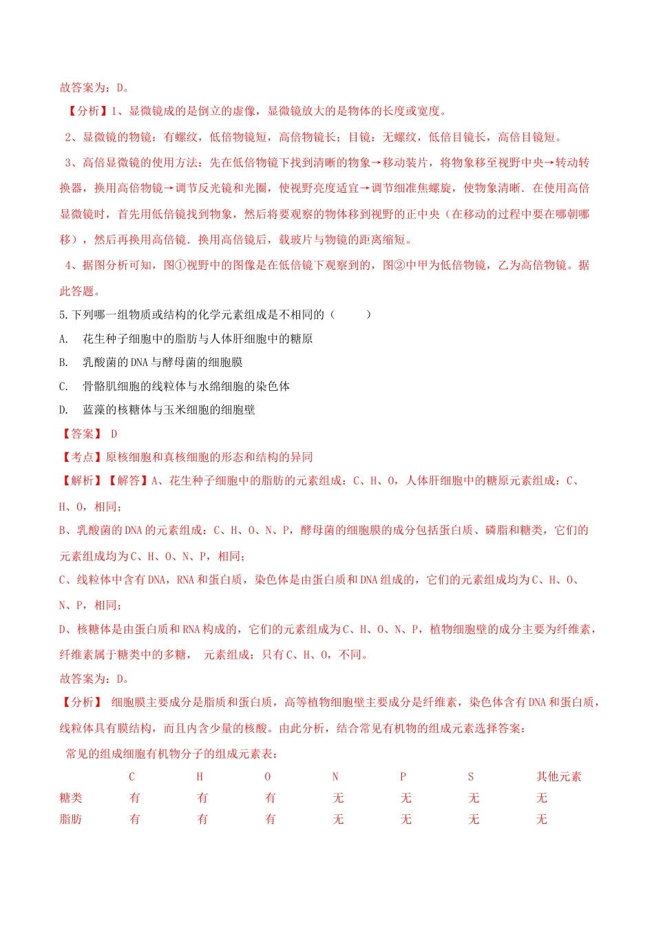 高中生物必修1 1.2  细胞的多样性和统一性-高一生物课后培优练（人教版2019必修1）（解析版）.doc