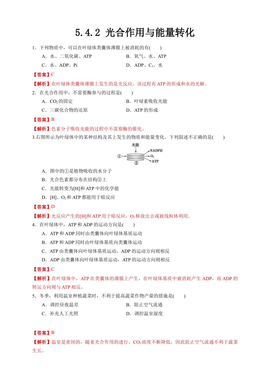 高中生物必修1 5.4.2 光合作用与能量转化 练习（1）（解析版）.docx