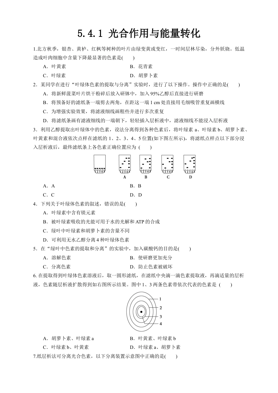 高中生物必修1 5.4.1 光合作用与能量转化 练习（1）（原卷版）.docx