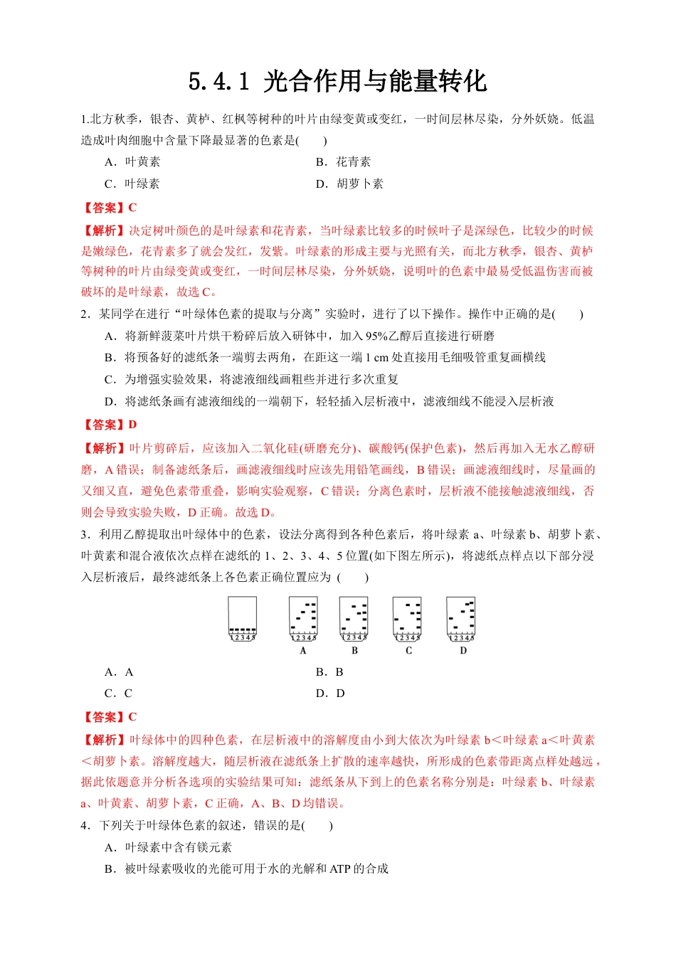 高中生物必修1 5.4.1 光合作用与能量转化 练习（1）（解析版）.docx