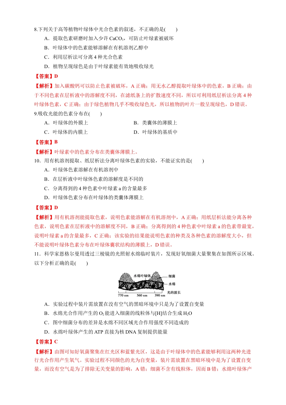 高中生物必修1 5.4.1 光合作用与能量转化 练习（1）（解析版）.docx