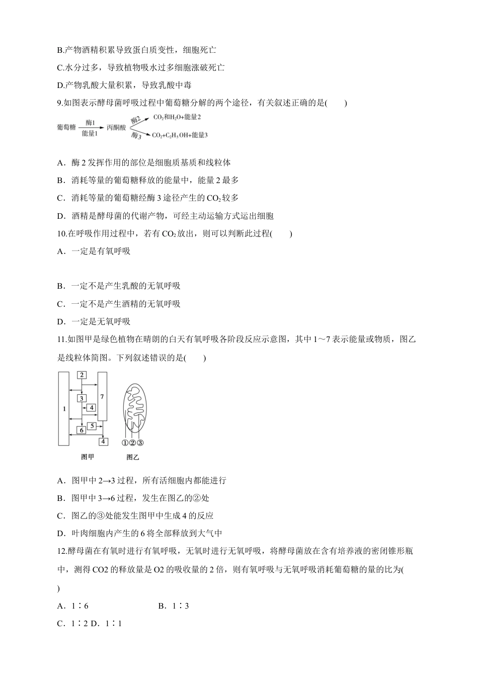 高中生物必修1 5.3 细胞呼吸的原理和应用 练习（1）（原卷版）.docx