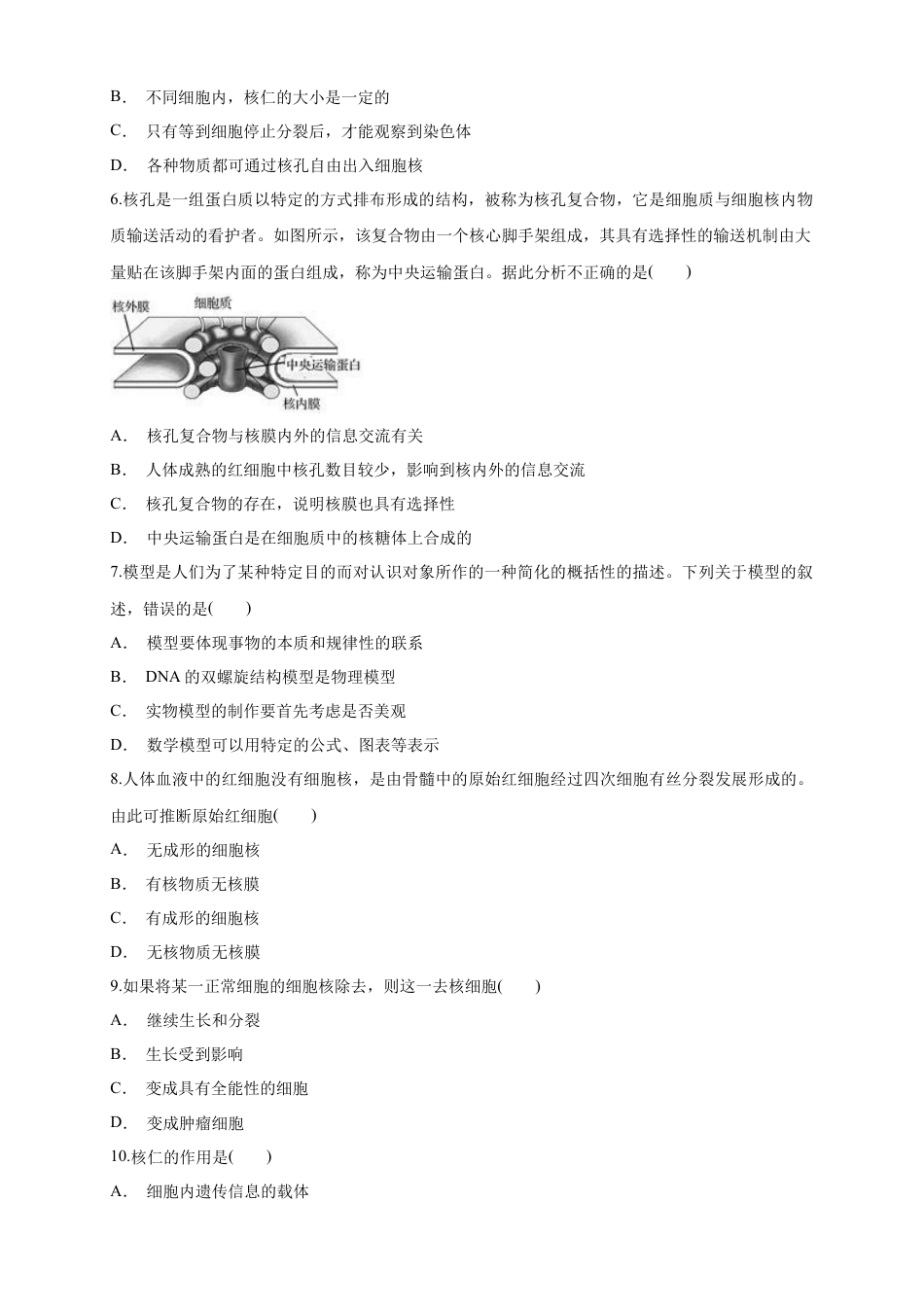 高中生物必修1 3.3 细胞核的结构和功能 练习（1）（原卷版）.docx