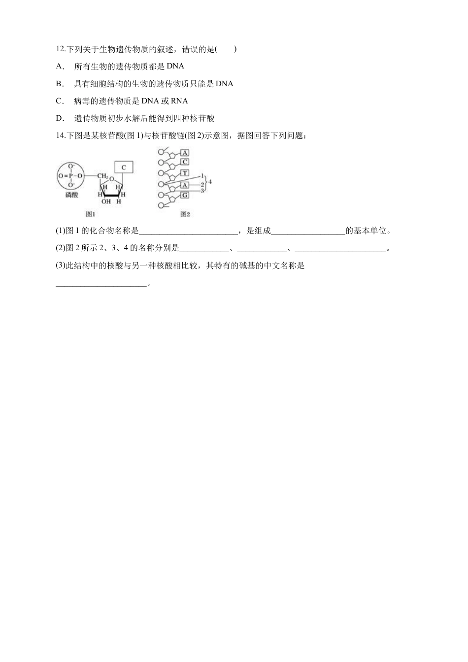 高中生物必修1 2.5 核酸是遗传信息的携带者 练习（1）（原卷版）.docx