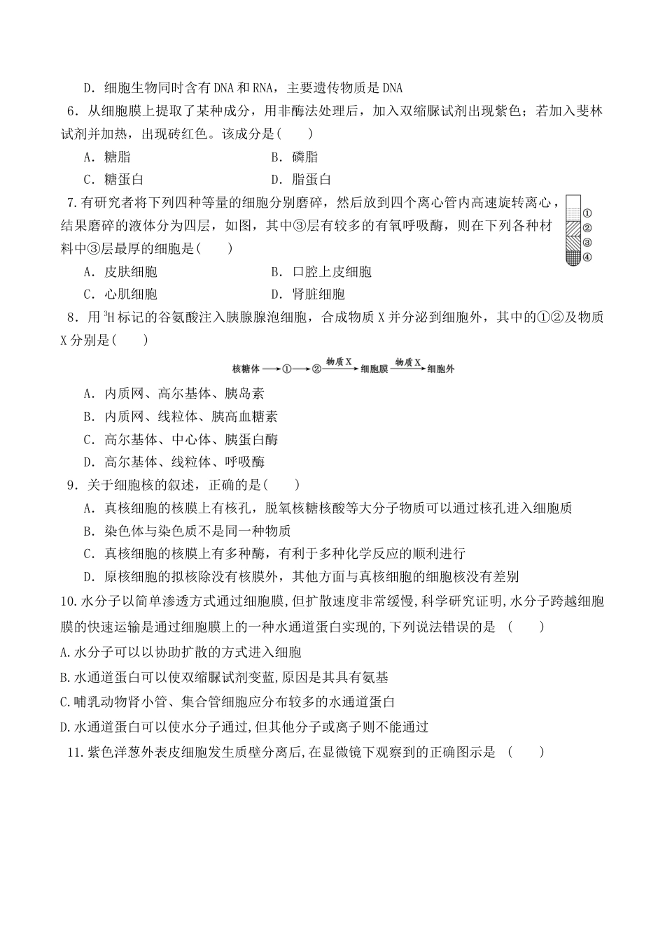 高中生物必修1 期末预测卷（二）-2022-2023学年高一生物上学期课后培优分级练（2019人教版必修1）（原卷版）.docx