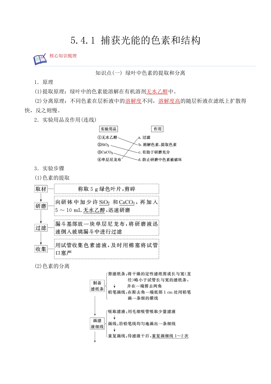 高中生物必修1 5.4.1 捕获光能的色素和结构-2022-2023学年高一生物上学期课后培优分级练（2019人教版必修1）（解析版）.docx