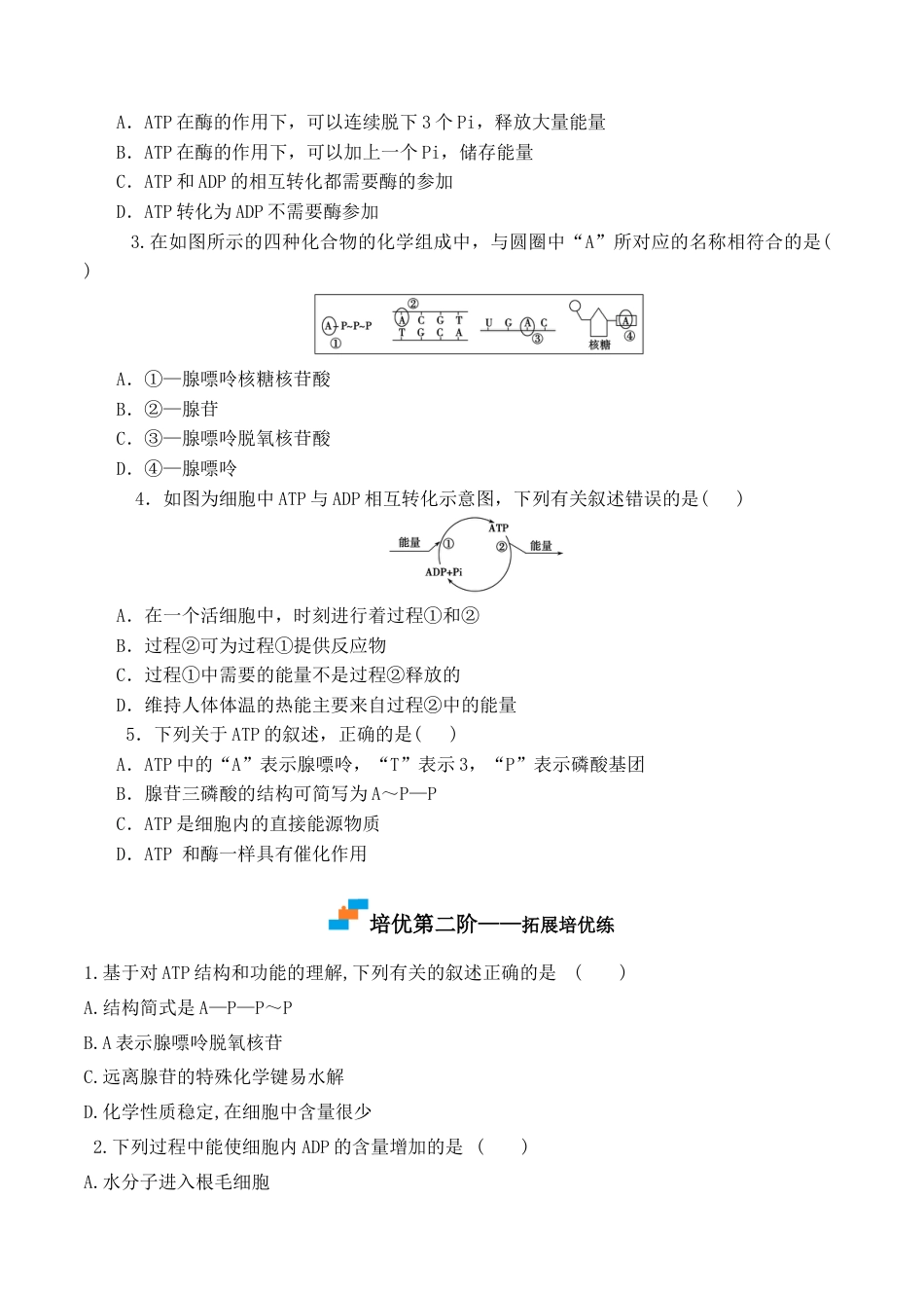 高中生物必修1 5.2 细胞的能量货币“ATP” - 2022-2023学年高一生物上学期课后培优分级练（2019人教版必修1）（原卷版）.docx