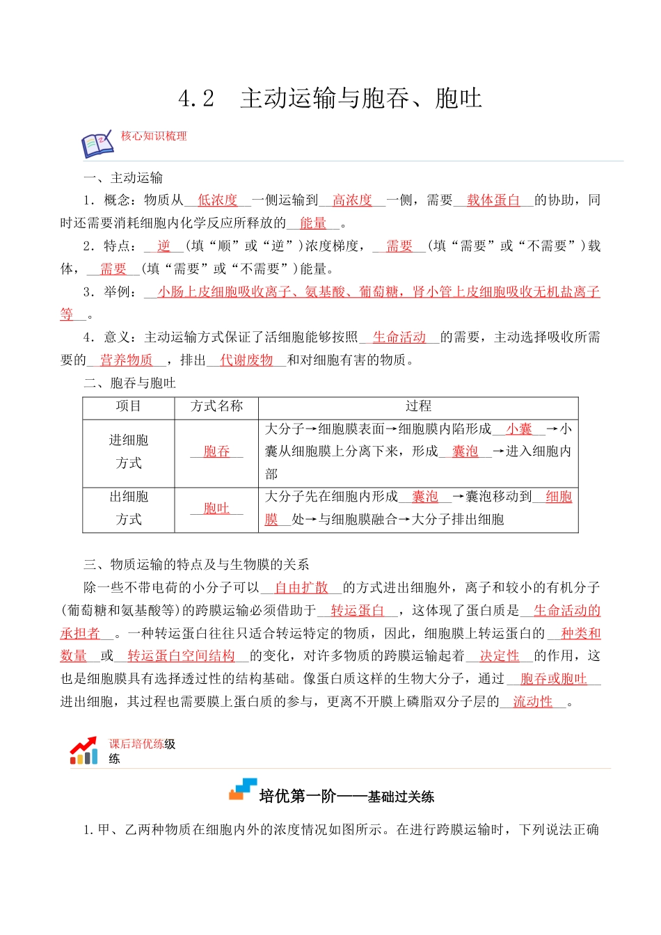 高中生物必修1 4.2 主动运输与胞吞、胞吐-2022-2023学年高一生物上学期课后培优分级练（2019人教版必修1）（解析版）.docx
