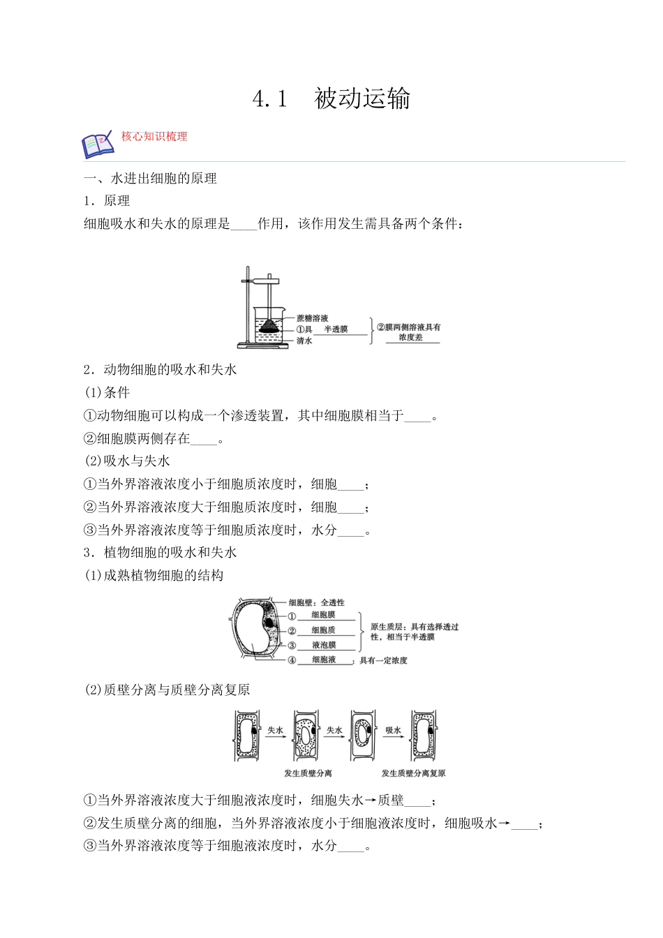 高中生物必修1 4.1 被动运输-2022-2023学年高一生物上学期课后培优分级练（2019人教版必修1）（原卷版）.docx