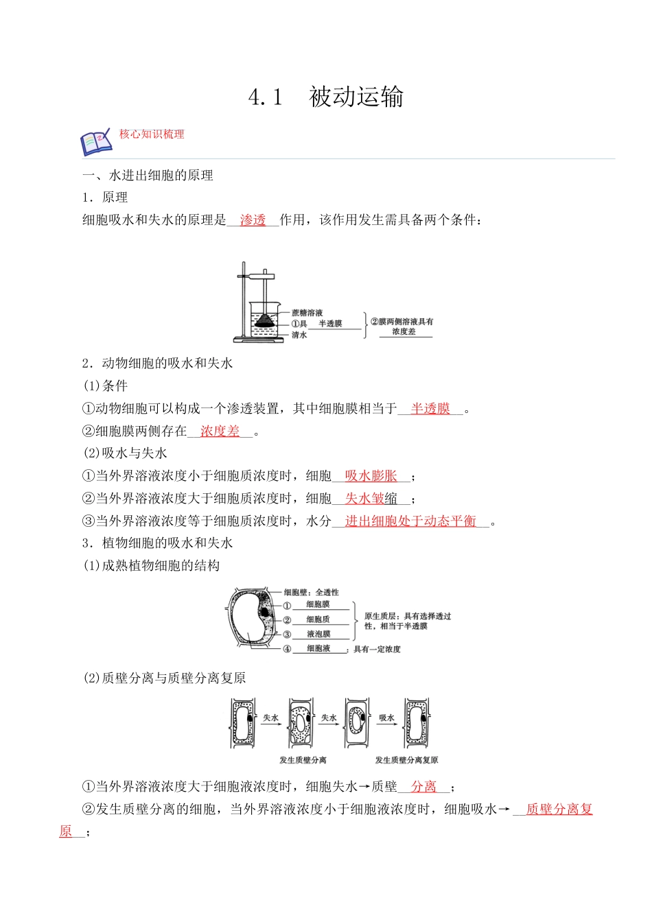 高中生物必修1 4.1 被动运输-2022-2023学年高一生物上学期课后培优分级练（2019人教版必修1）（解析版）.docx