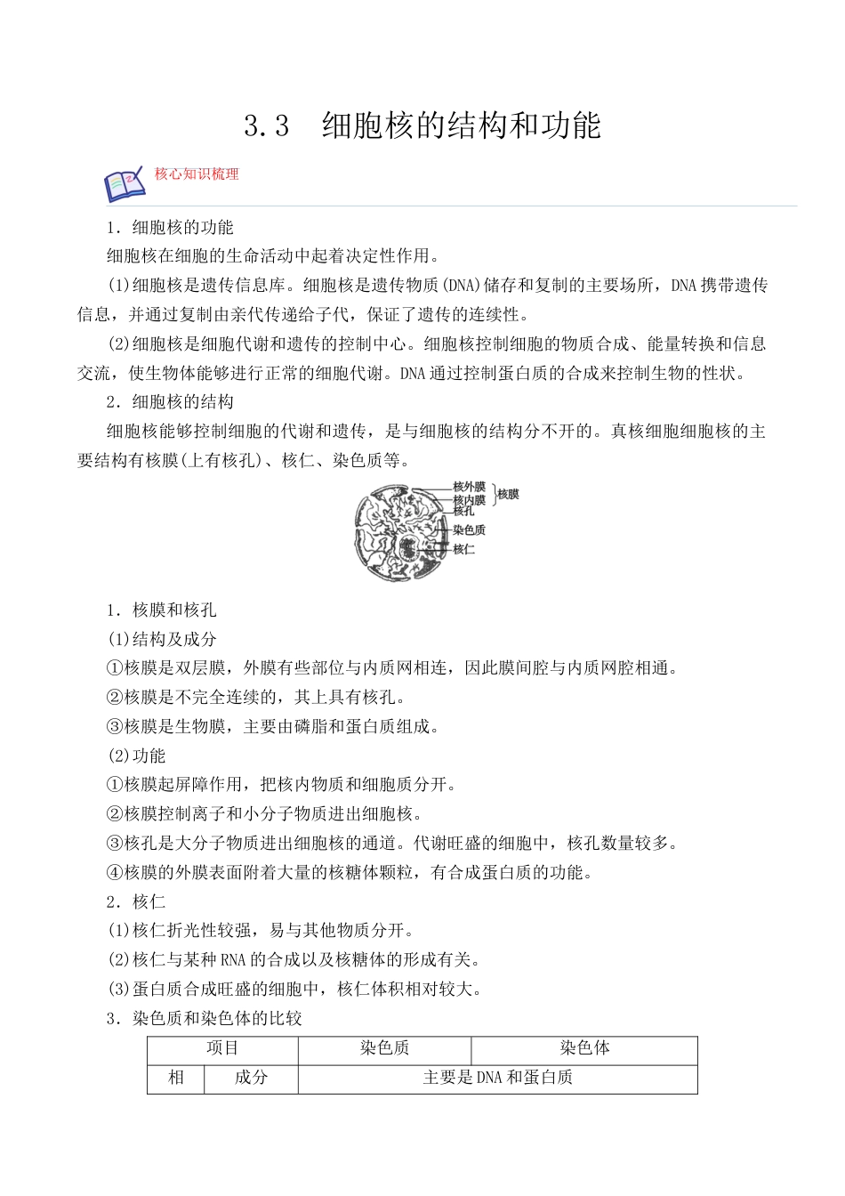 高中生物必修1 3.3 细胞核的结构和功能-2022-2023学年高一生物上学期课后培优分级练（2019人教版必修1）（原卷版）.docx