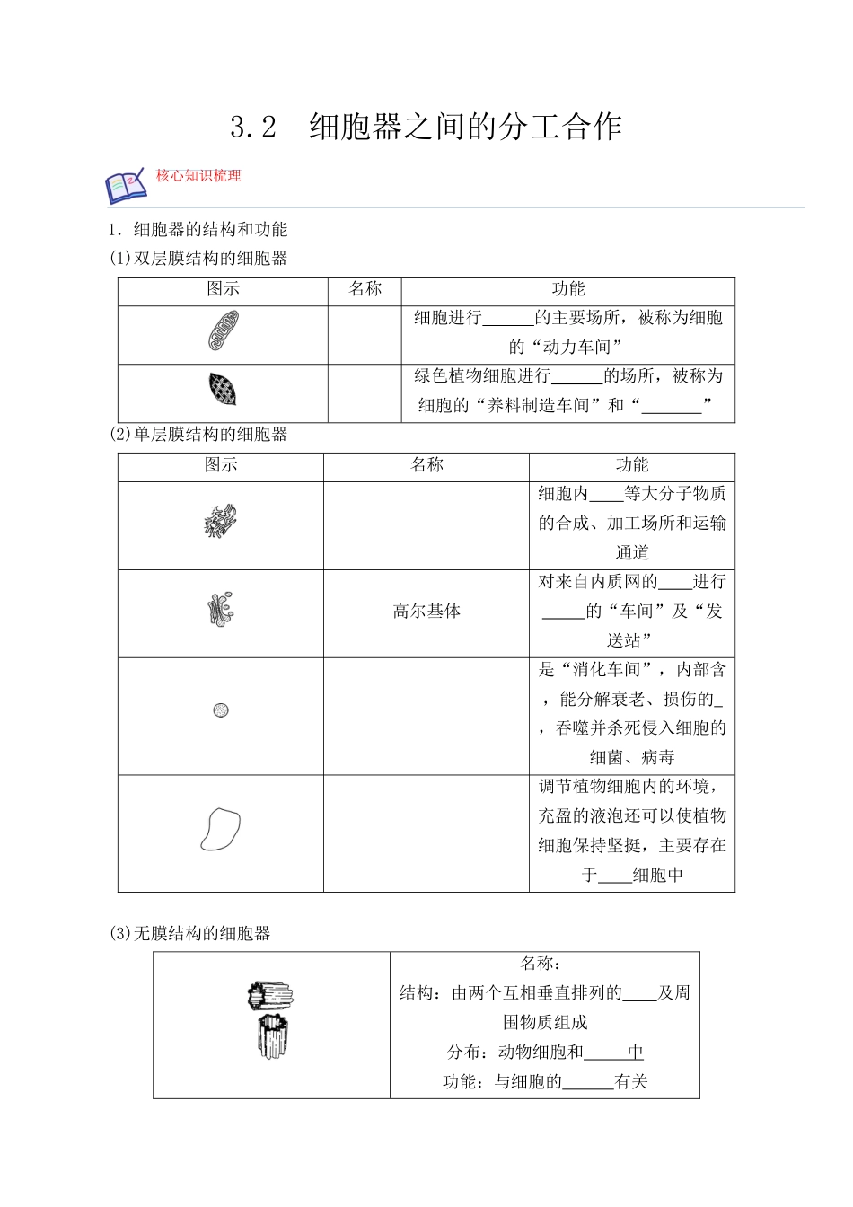 高中生物必修1 3.2 细胞器之间的分工合作-2022-2023学年高一生物上学期课后培优分级练（2019人教版必修1）（原卷版）.docx