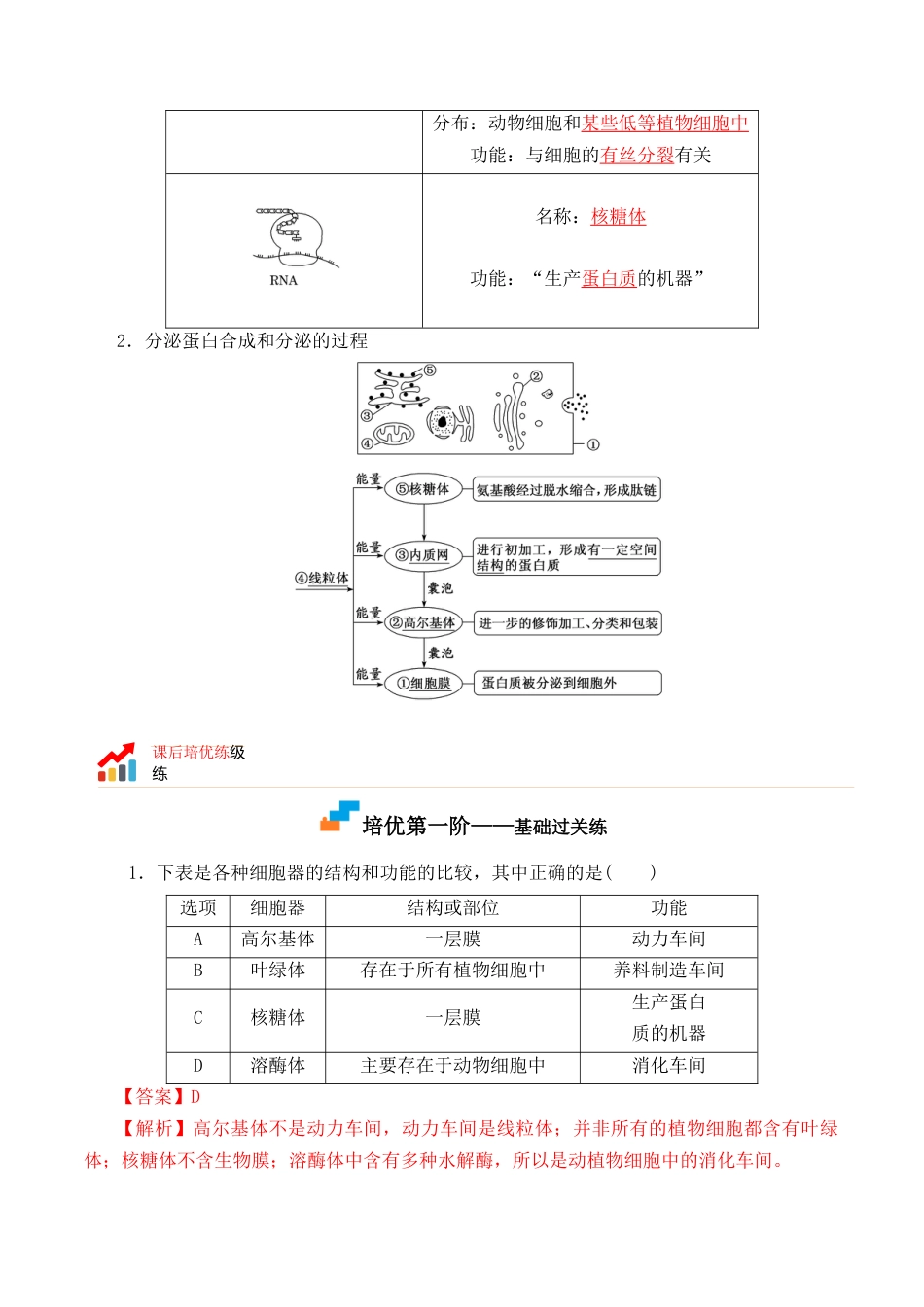 高中生物必修1 3.2 细胞器之间的分工合作- 2022-2023学年高一生物上学期课后培优分级练（2019人教版必修1）（解析版）.docx