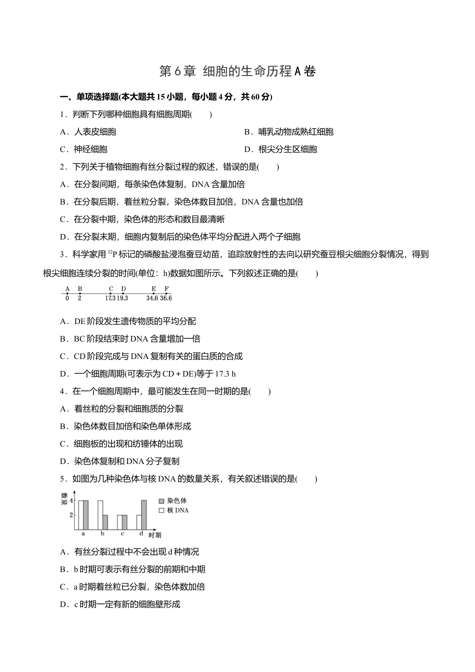 高中生物必修1 第6章 细胞的生命历程A卷（原卷版）.doc