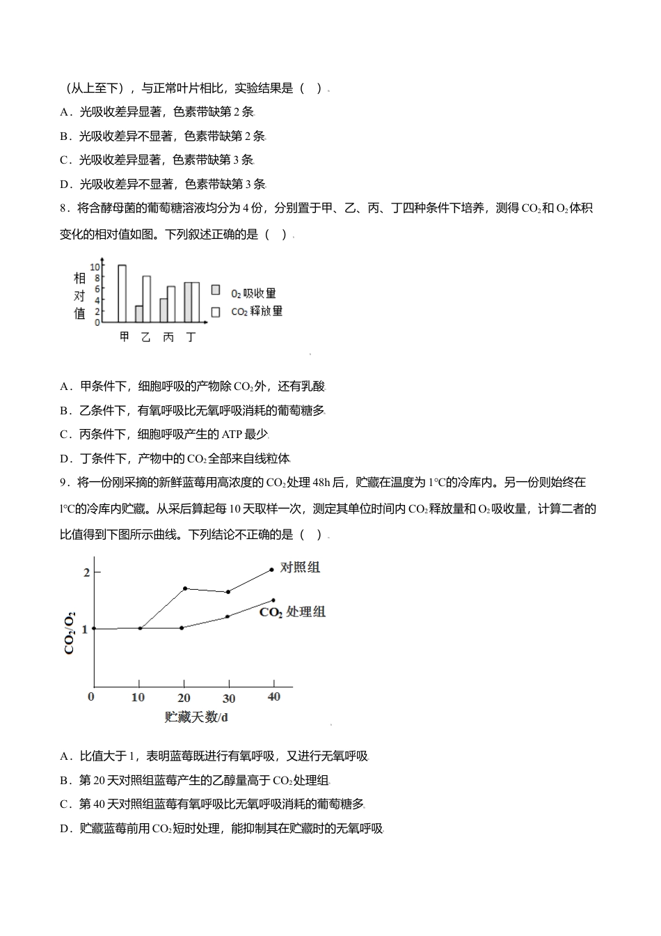 高中生物必修1 第五章  章末测试-高一生物课后培优练（人教版2019必修1）（原卷版）.doc