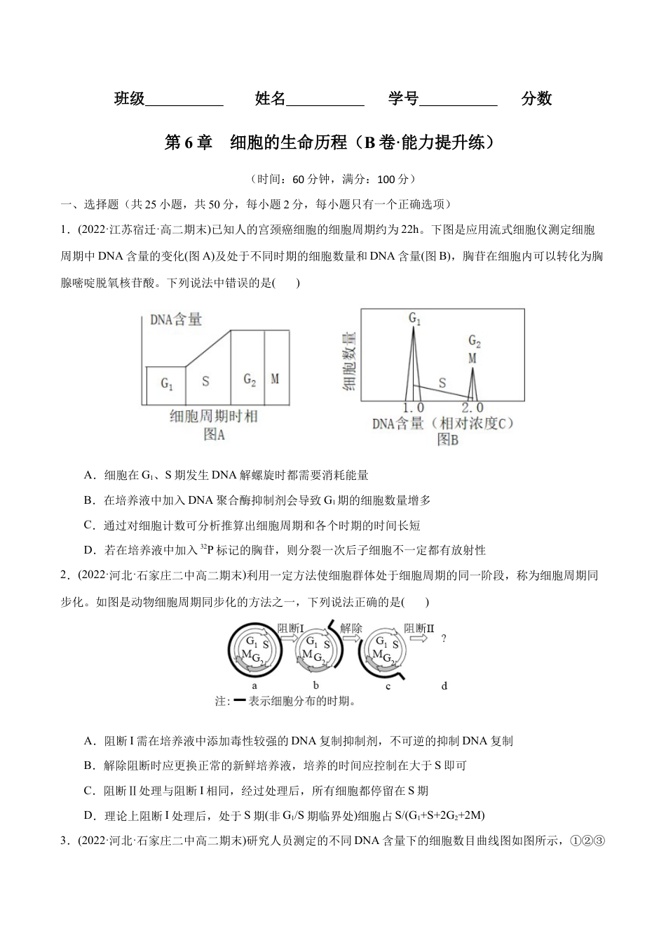 高中生物必修1 第6章  细胞的生命历程（B卷·能力提升练）（原卷版） .docx