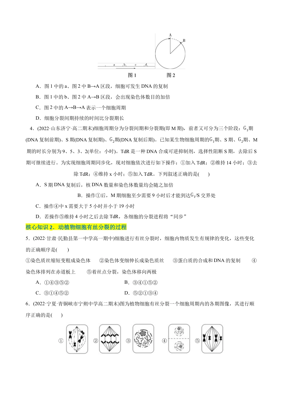 高中生物必修1 第6章  细胞的生命历程（A卷·知识通关练）（原卷版）.docx
