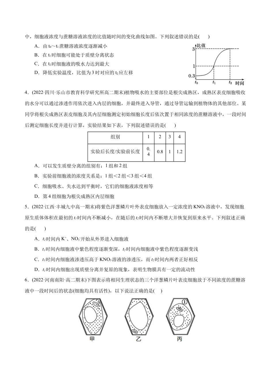 高中生物必修1 第4章  细胞的物质输入和输出（B卷·能力提升练）（原卷版）.docx