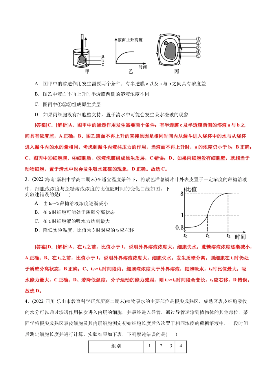 高中生物必修1 第4章  细胞的物质输入和输出（B卷·能力提升练）（解析版） .docx
