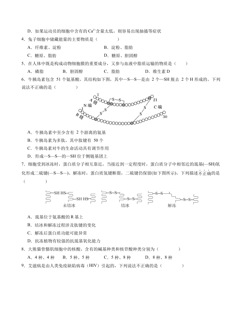 高中生物必修1 期末模拟卷02（考试版A4版）【测试范围：人教版2019必修1】.docx
