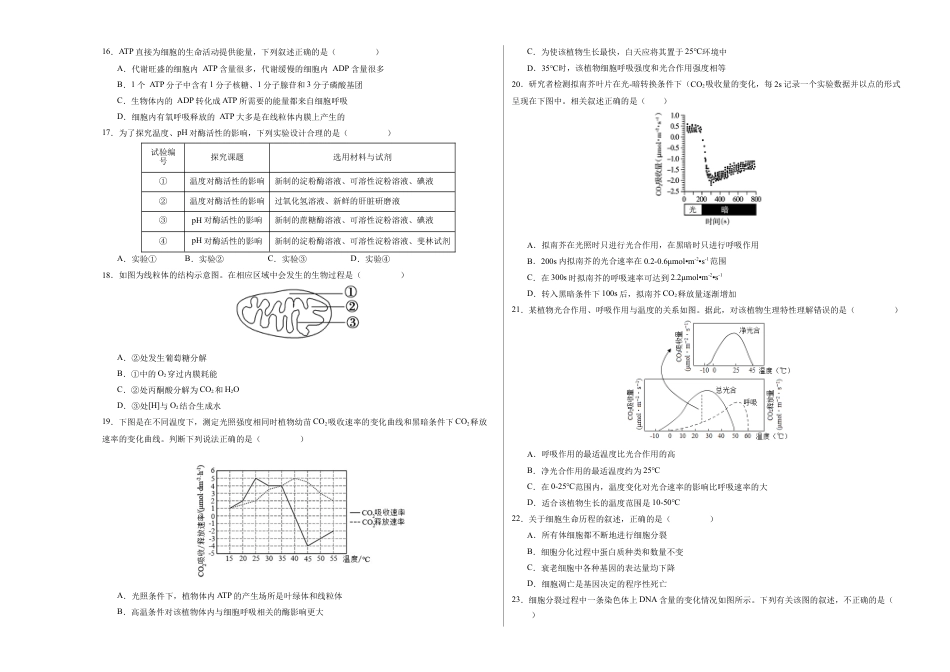 高中生物必修1 期末模拟卷01（考试版A3版）【测试范围：人教版2019必修1】.docx