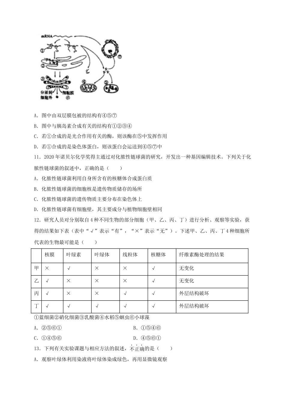 高中生物必修1 高一生物上学期期末测试卷03（人教版必修1）（原卷版）.docx