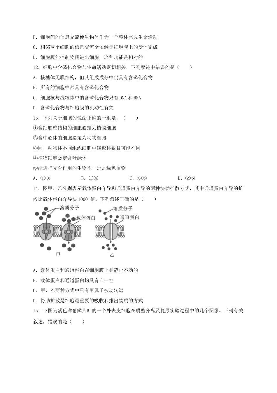 高中生物必修1 高一生物上学期期末测试卷01（人教版必修1）（原卷版）.docx