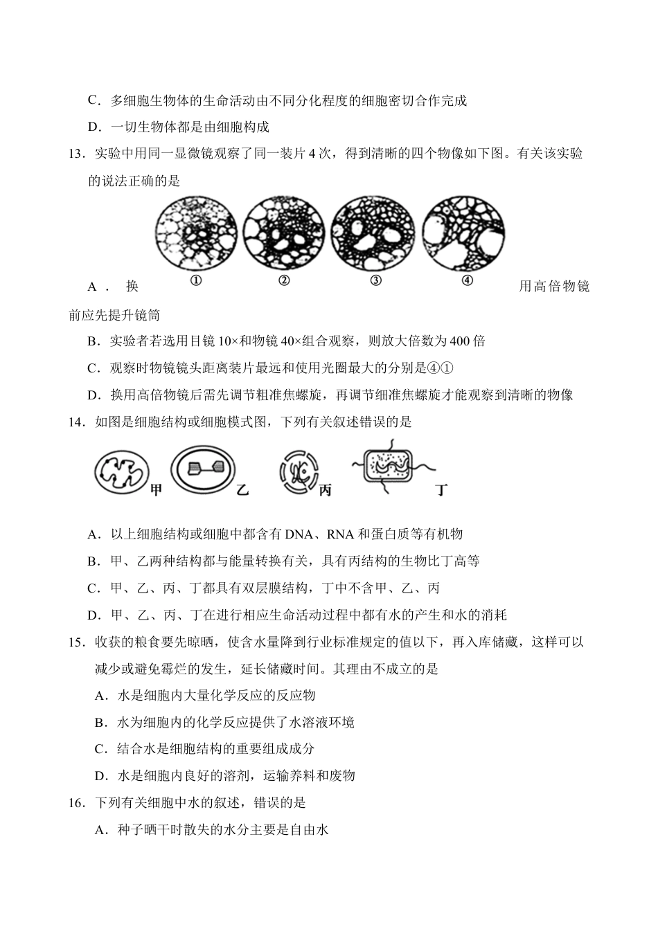 高中生物必修1 山东泰安肥城市高一上学期期中考试生物试题.doc
