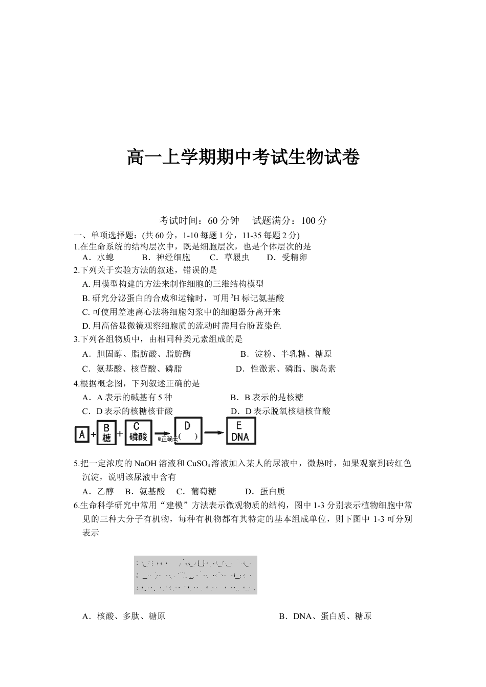 高中生物必修1 辽宁省实验中学高一上学期期中考试生物试卷.doc