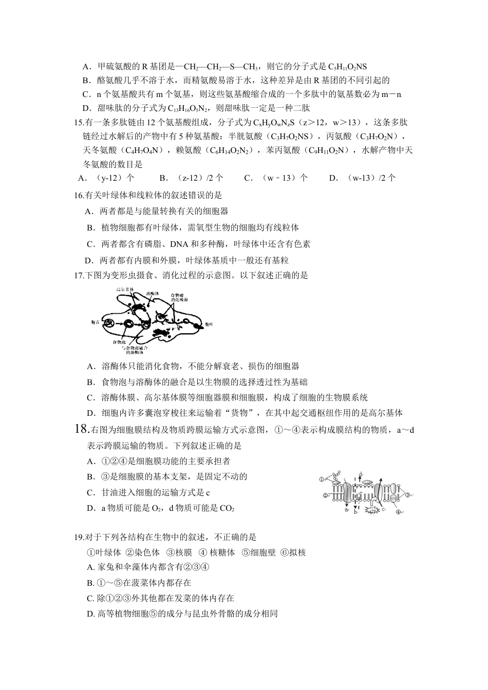 高中生物必修1 辽宁省实验中学高一上学期期中考试生物试卷.doc