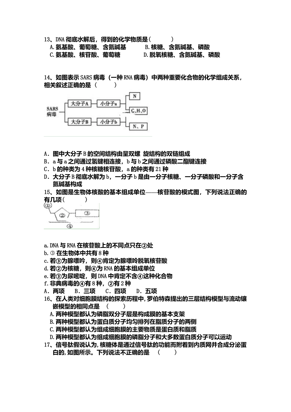高中生物必修1 辽宁省凌源市实验中学高一上学期期中考试生物试卷.doc