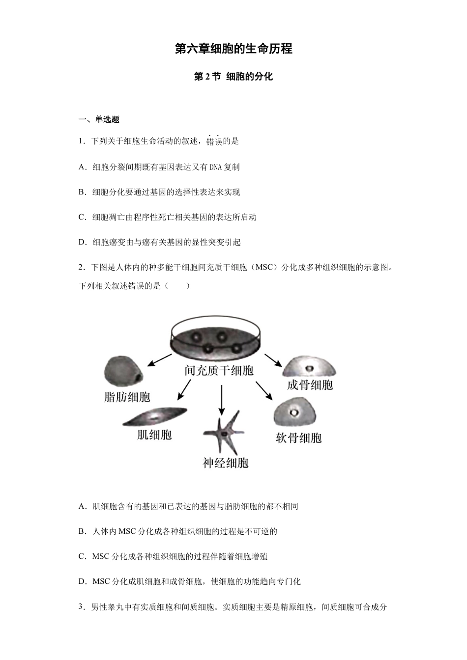 高中生物必修1 6.2 细胞的分化 练习 【新教材】人教版（2019）高中生物必修一（含思维导图）.docx