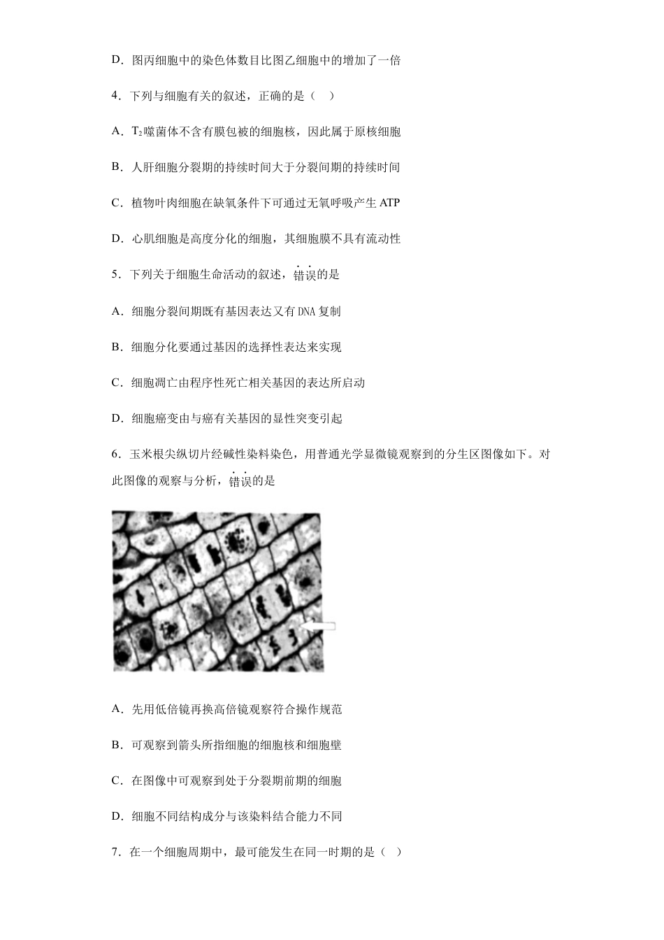 高中生物必修1 6.1 细胞的增殖 练习【新教材】人教版（2019）高中生物必修一.docx