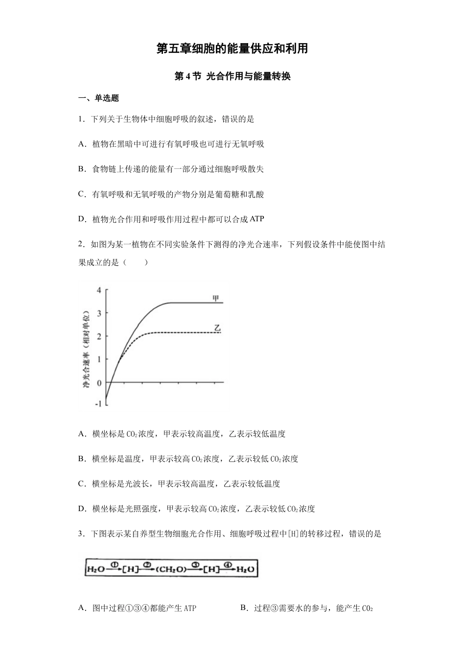 高中生物必修1 5.4.2 光合作用与能量转换 练习【新教材】人教版（2019）高中生物必修一.docx