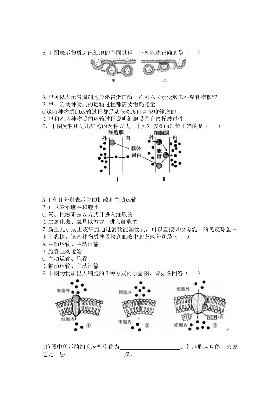 高中生物必修1 4.2 主动运输与胞吞胞吐 练习  【新教材】人教版（2019）高中生物必修一.doc