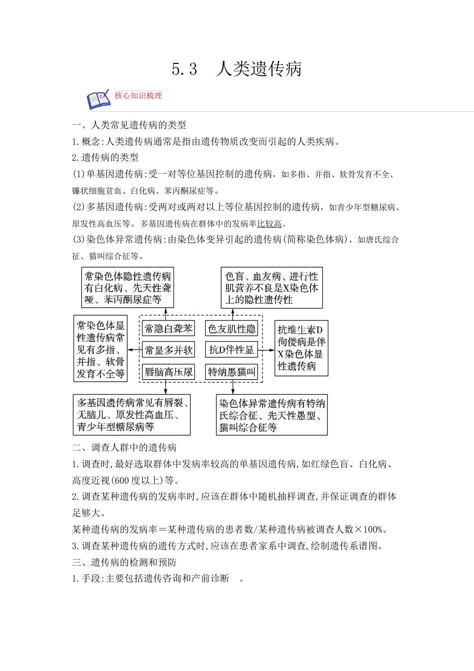 高中生物必修2 5.3 人类遗传病（原卷版）.docx