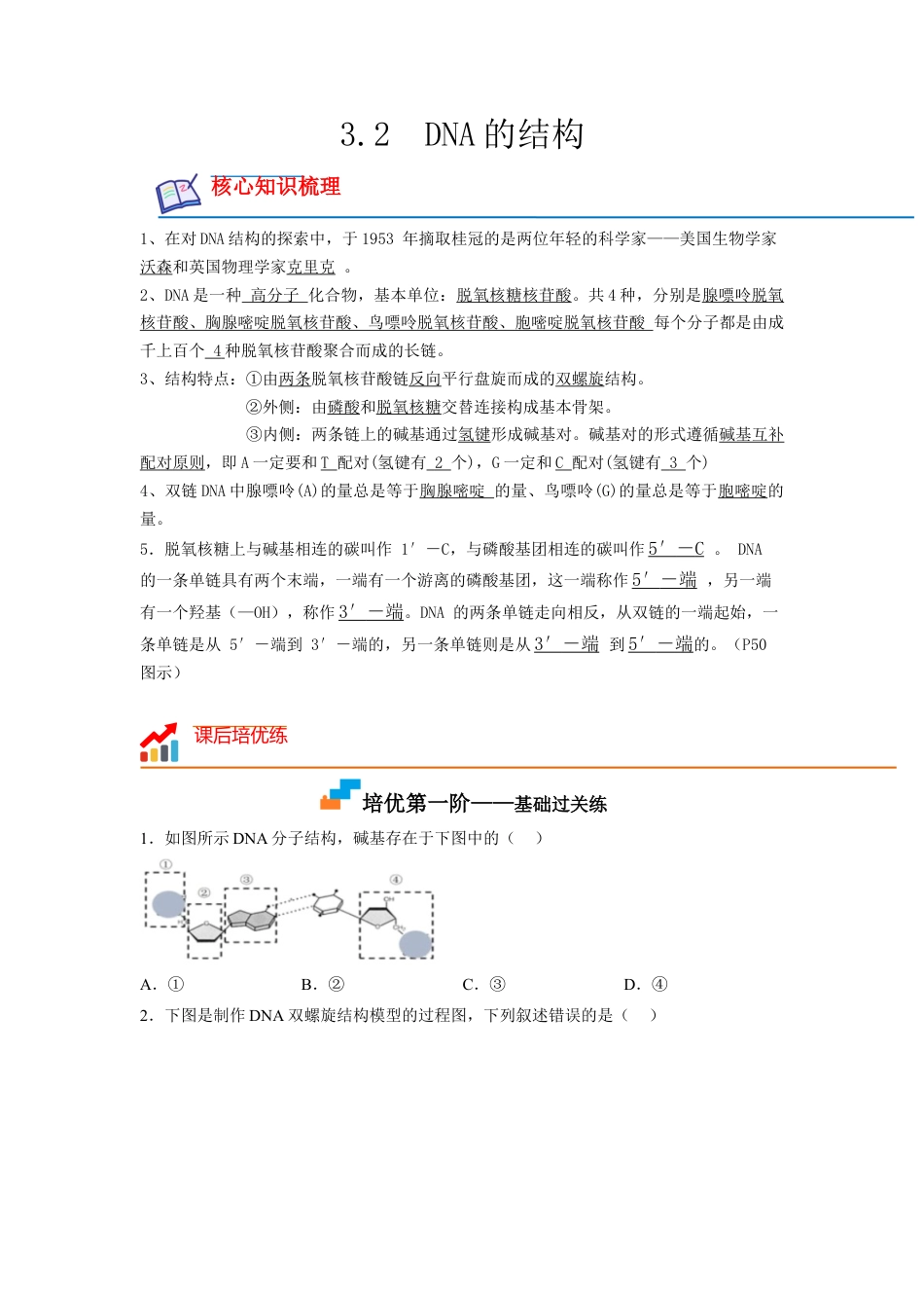 高中生物必修2 3.2 DNA的结构（原卷版）.docx