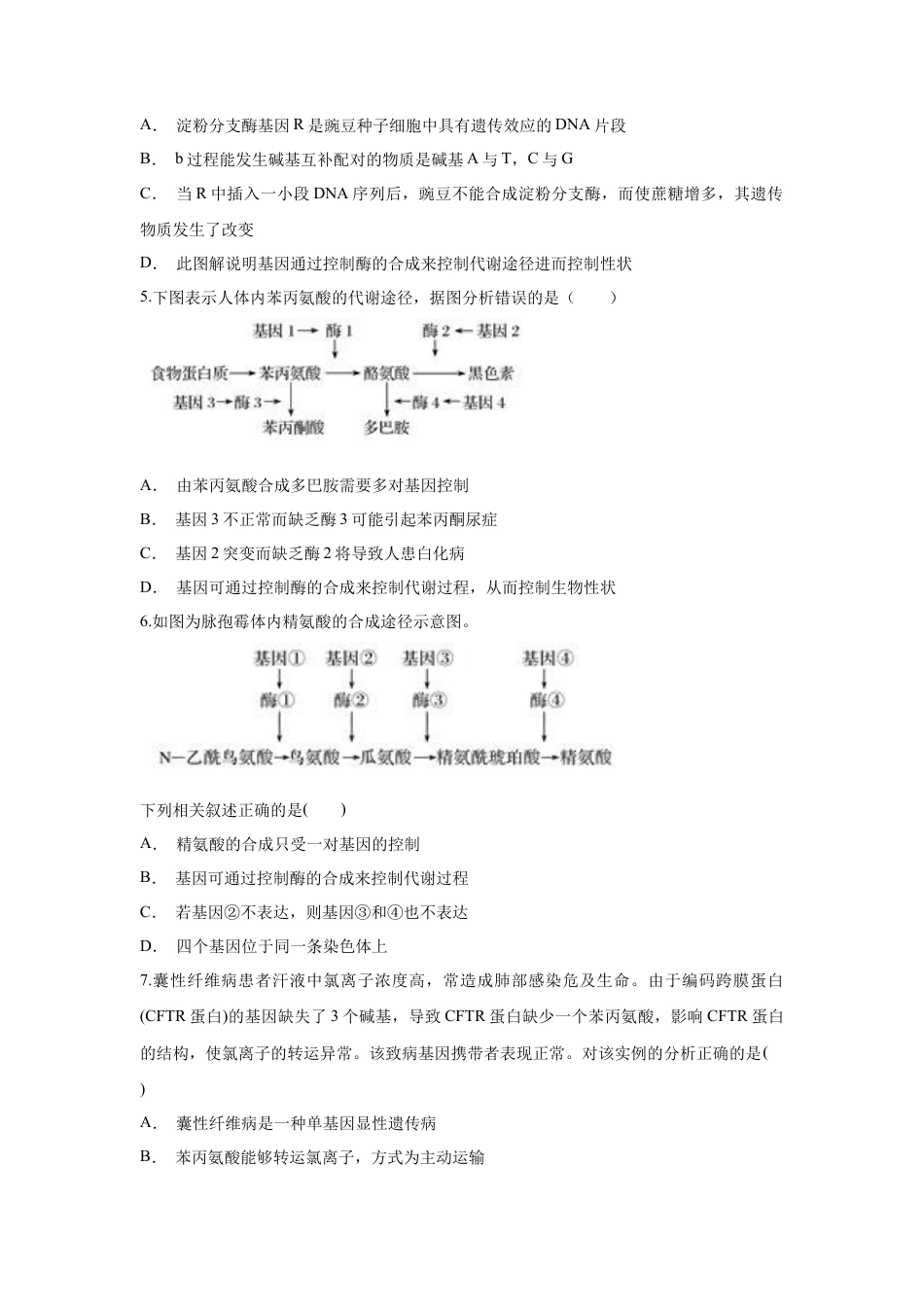 高中生物必修2 【新教材精创】4.2 基因表达与性状的关系 练习（1）（原卷版）.docx