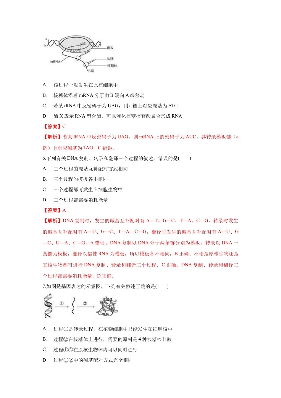 高中生物必修2 【新教材精创】4.1.2 基因指导蛋白质的合成 练习（1）（解析版）.docx