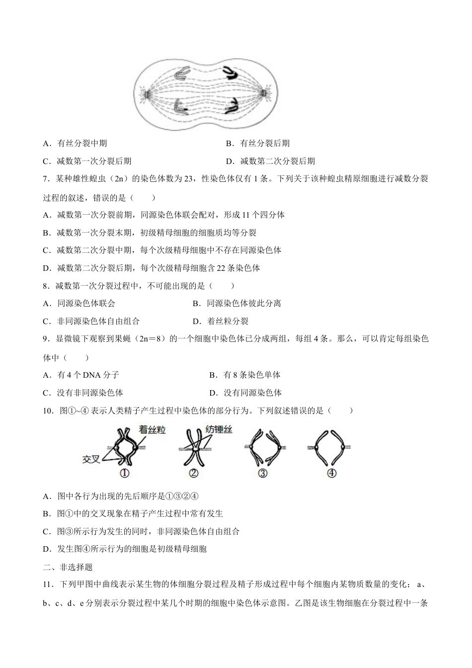 高中生物必修2 【新教材】2.11 减数分裂和受精作用 练习（2）（原卷版）.docx