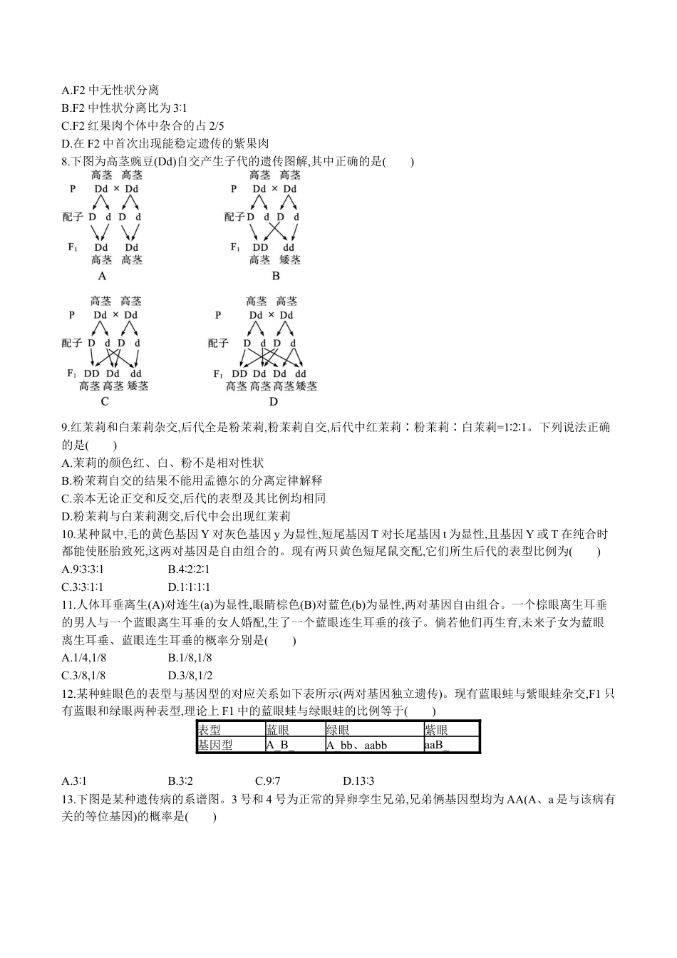 高中生物必修2 第1章 遗传因子的发现（原卷版）.docx