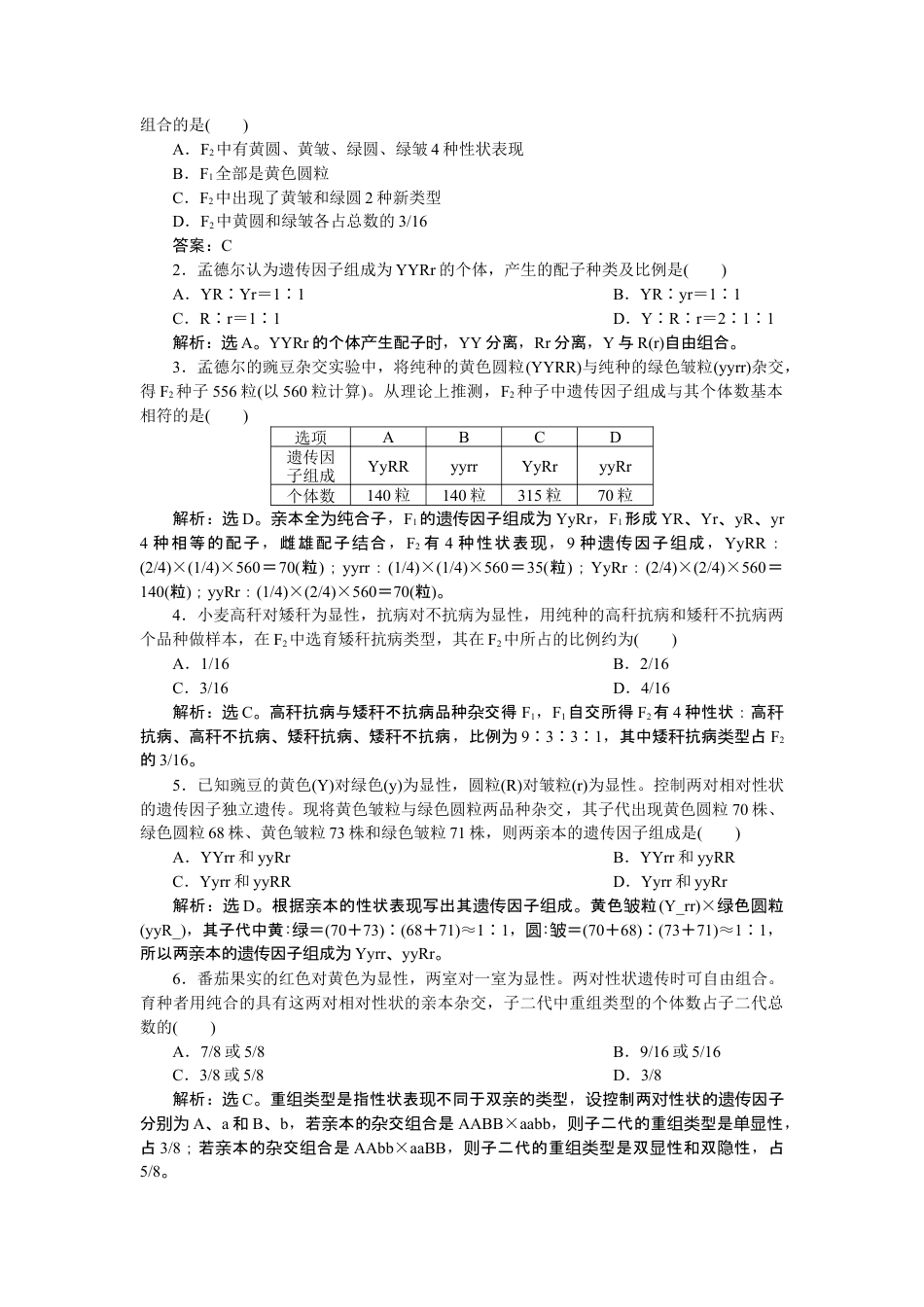 高中生物必修2 《第2节 孟德尔的豌豆杂交实验（二）》达标检测03.doc