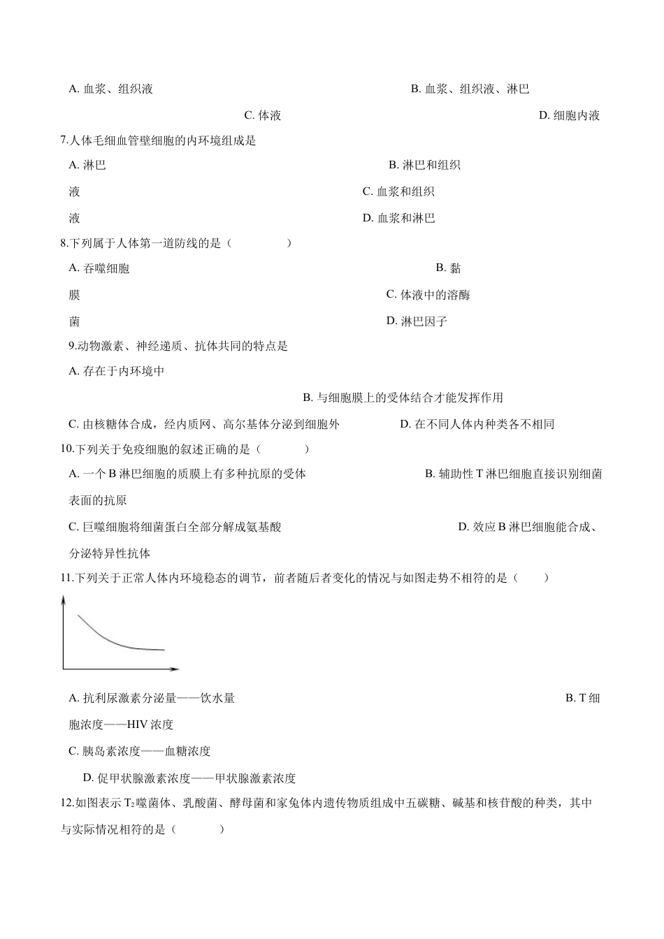 高中生物选修1 高二生物上学期期末测试卷03（人教版2019选择性必修1）（原卷版）.docx