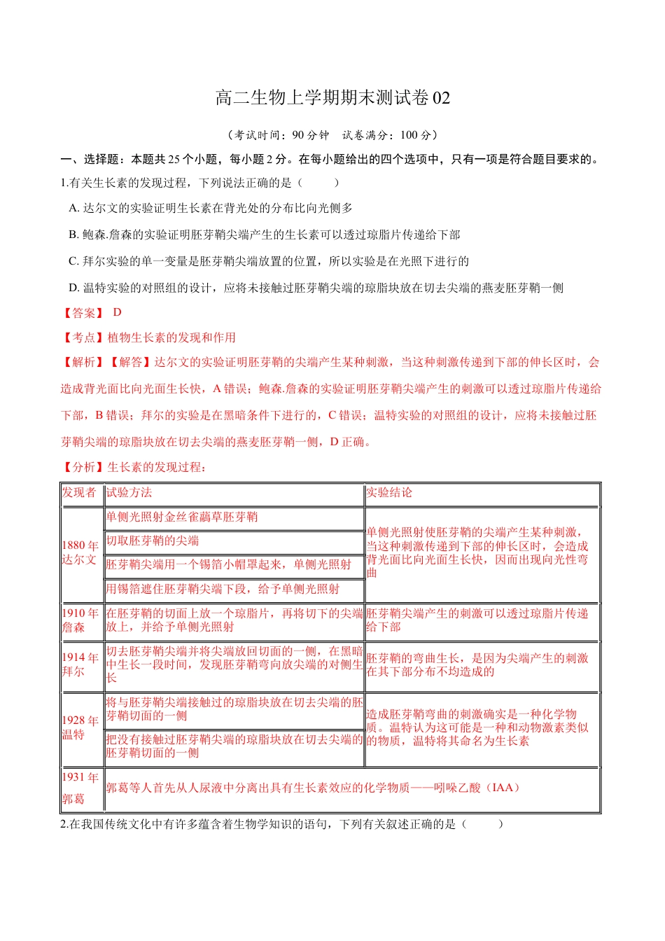 高中生物选修1 高二生物上学期期末测试卷02（人教版2019选择性必修1）（解析版）.docx